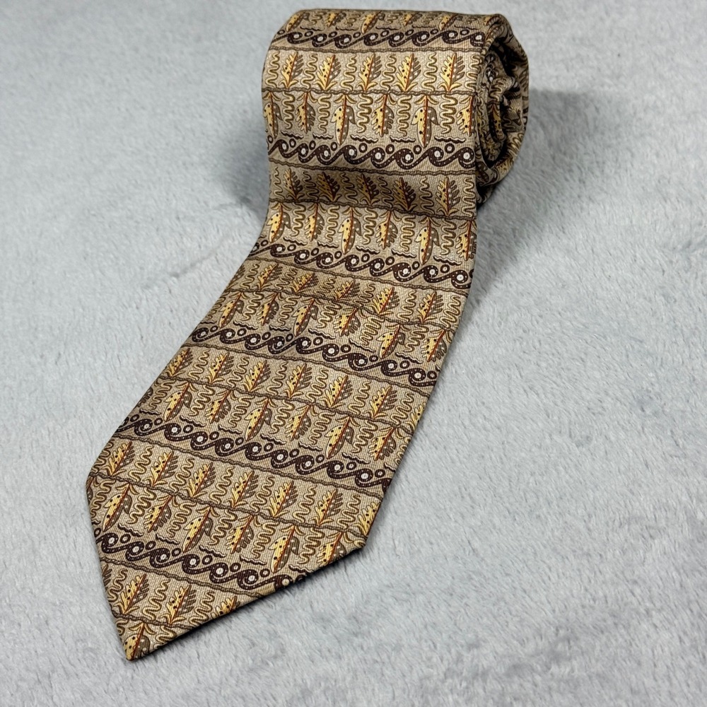 Hermes Silk Tie Mens OS Tan Brown 7718 OA Leaf Geometric Pattern Made in France - Picture 4 of 7